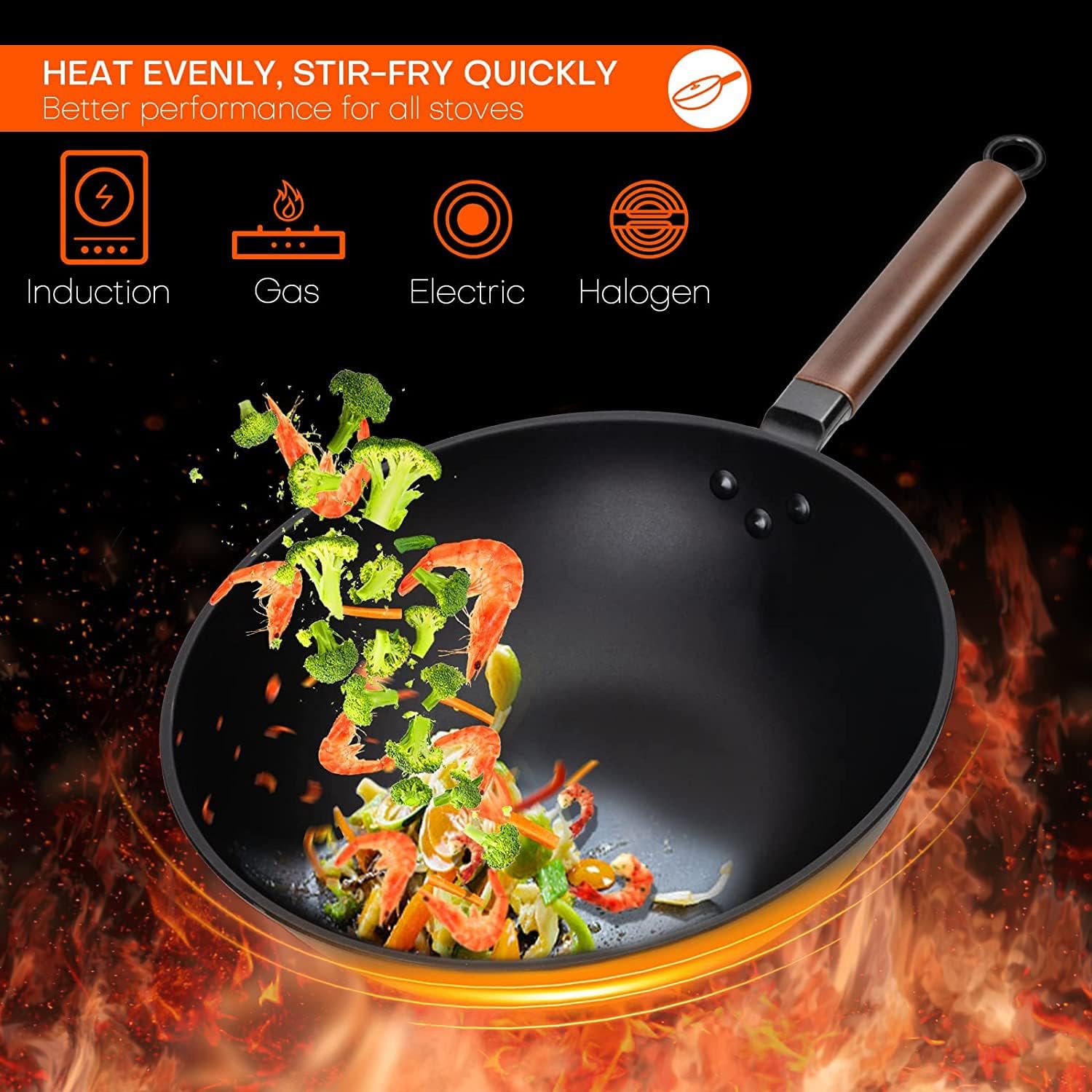 angju carbon steel wok, 30cm wok pan with lid and spatula, nonstick woks and stir fry pans, no chemical coated flat bottom chinese wok for induction, electric, gas, all stoves, black