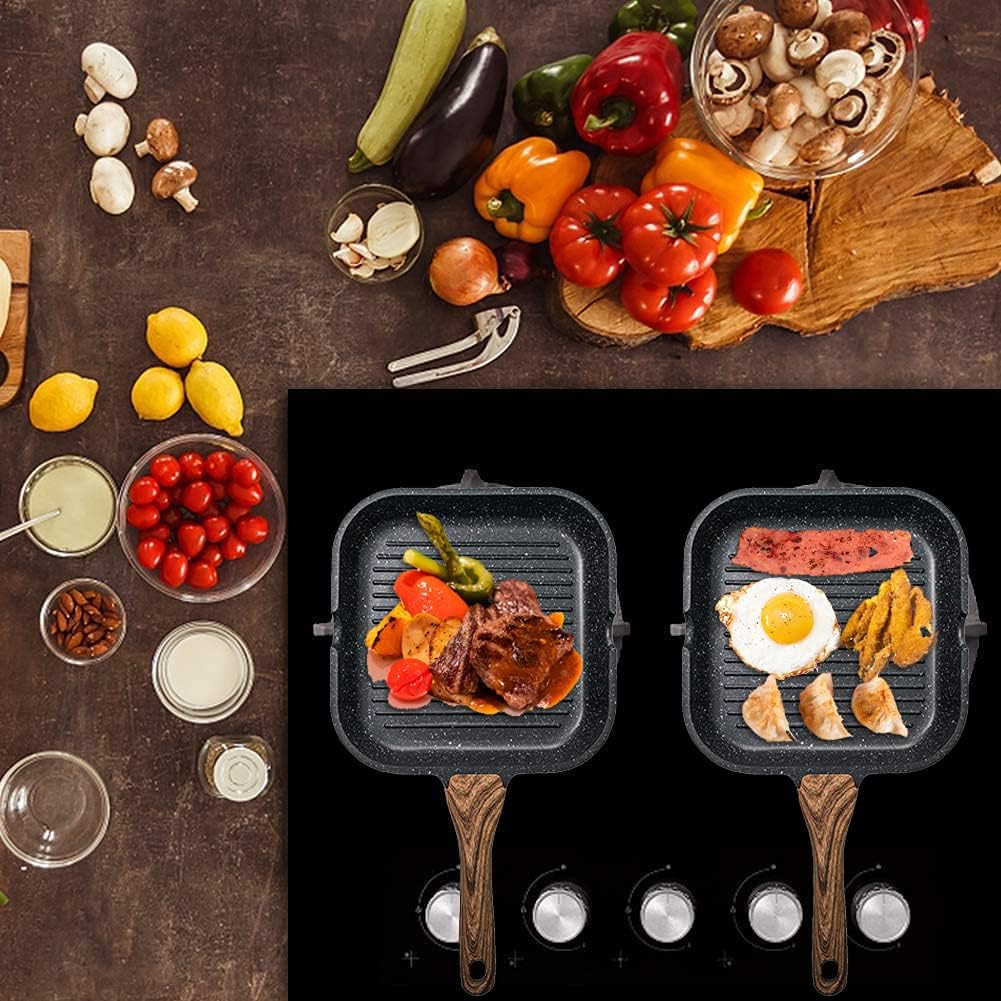 angju nonstick grill pan for stove tops with pour spouts induction compatible, granite coating, 10 inch(25cm), black