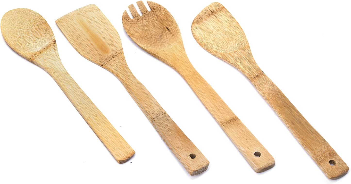 royalford 4 pieces pure bamboo wooden solid turner, spatula, slotted spoon & spoon kitchen essentials cooking utensils tool set