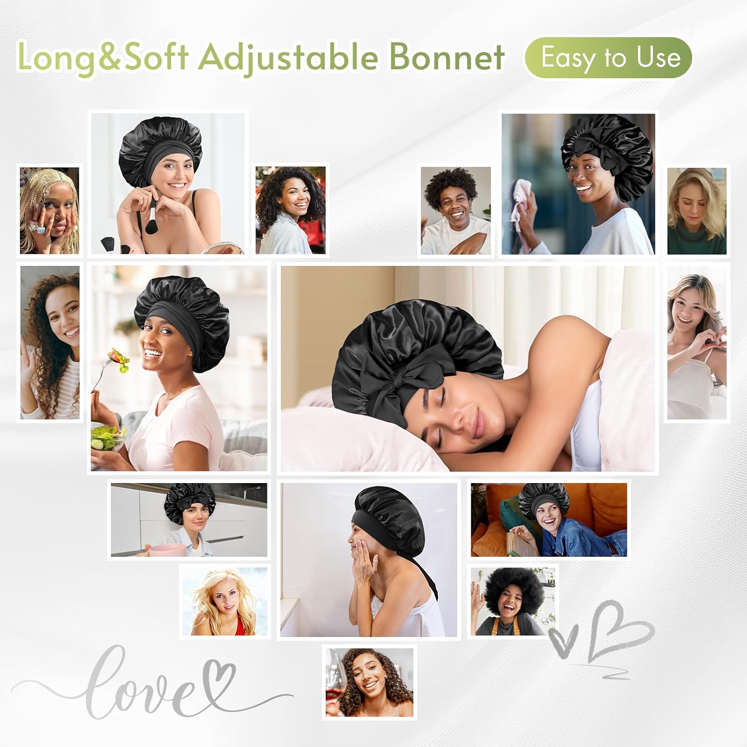 bonnet queen silky bonnet for sleeping women satin bonnet silky hair cap adjustable silky hair bonnet night sleep cap with tie band (black,medium)