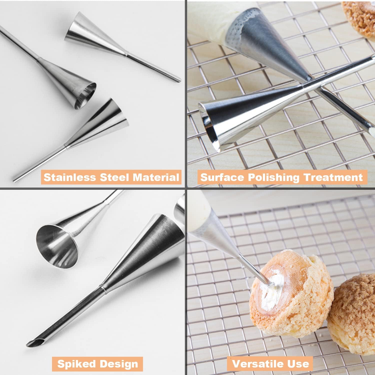 suuker cream piping tips, stainless steel long cream puff nozzle decor small pastry icing piping decorating tools (3 pieces)