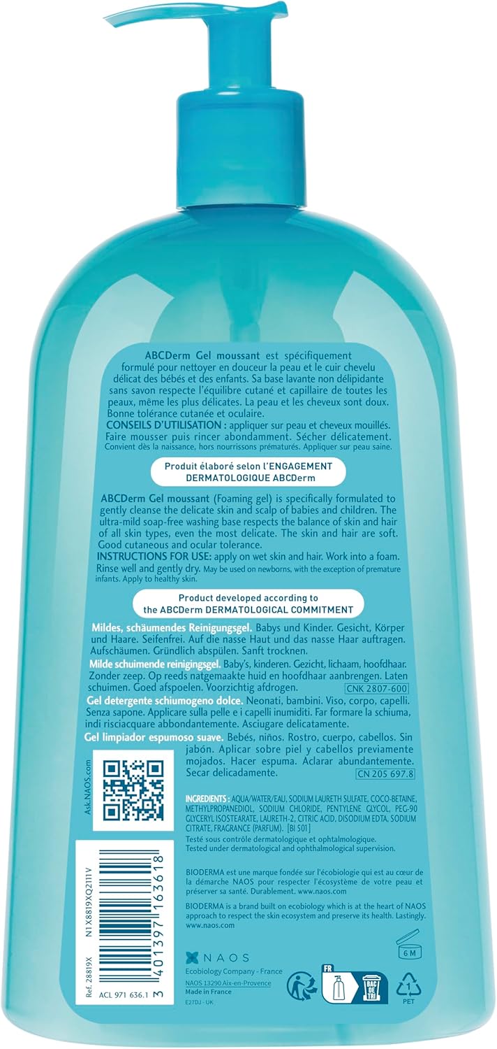 bioderma abcderm foaming gel baby wash gentle cleanser for the delicate skin of babies and children