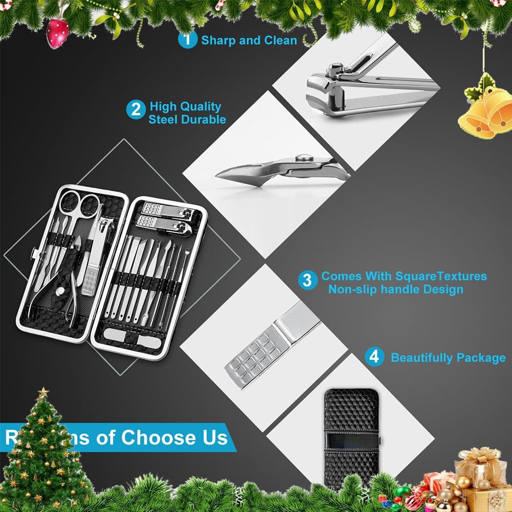 yougai nail clippers set fingernail and toenail clipper cutters, manicure pedicure kit 18 pieces stainless steel professional grooming kits, nail care tools with luxurious travel case