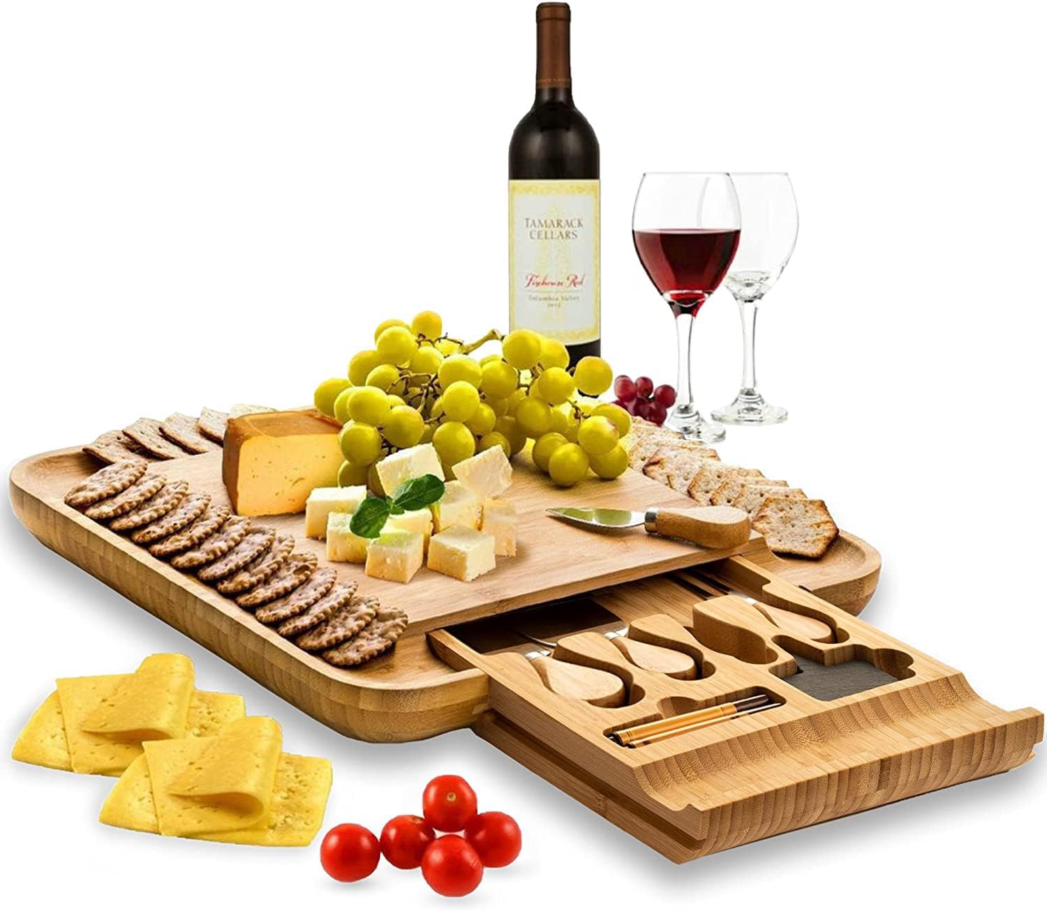 bambüsi appetizer plate & dessert plate large charcuterie board gift set bamboo cheese board and knife set wooden cheese board platter with 4 cheese knives housewarming, wedding gift