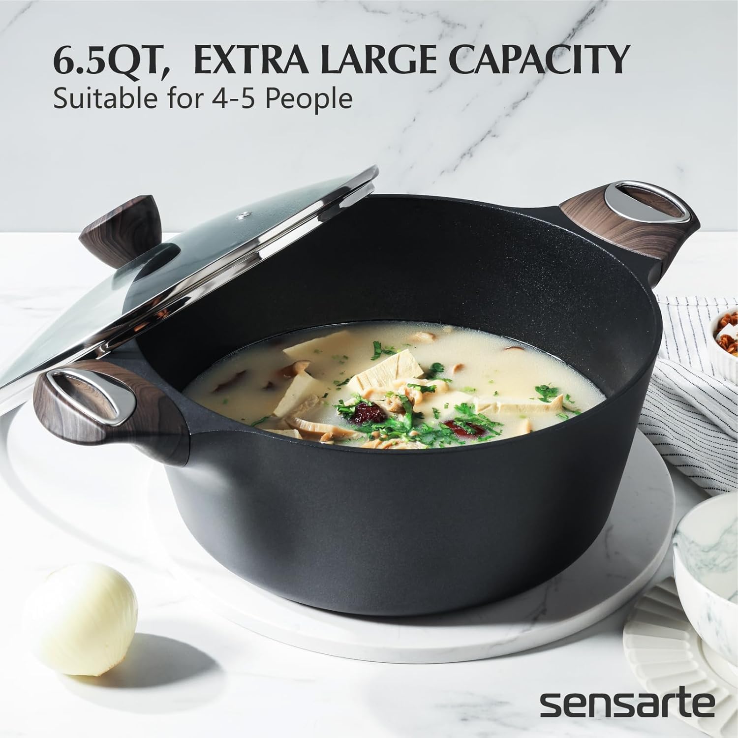 sensarte pots and pans set nonstick, 14 pcs induction kitchen cookware sets, non toxic non stick cooking set with frying pans set & saucepan, pfoa pfos apeo free, black