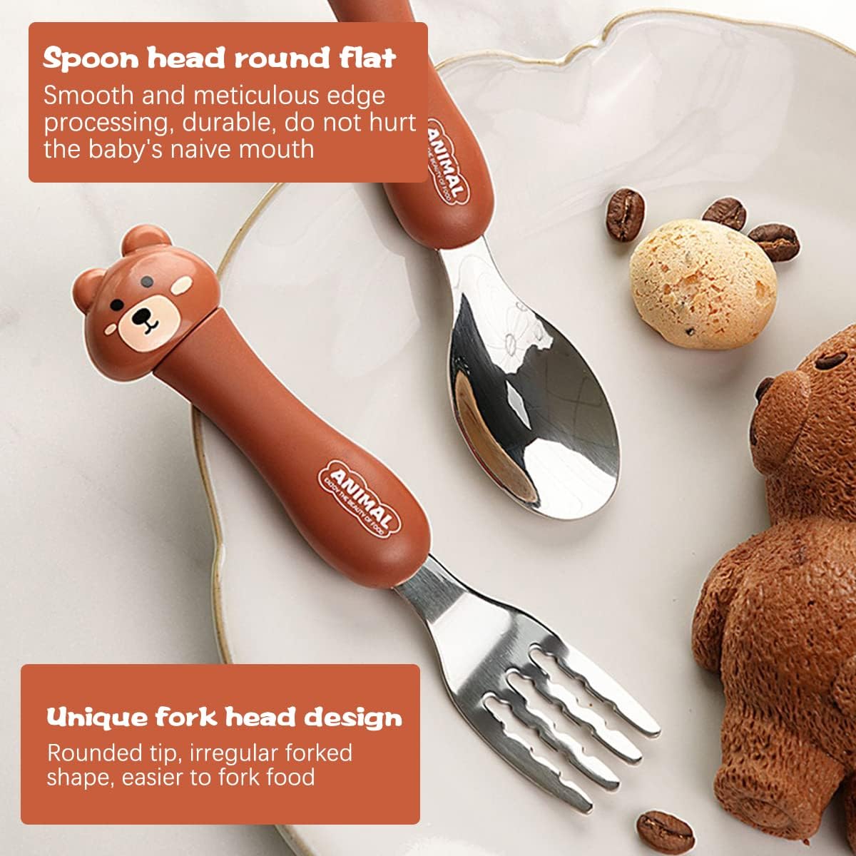 ibama cartoon toddler utensils cute animal stainless steel children's tableware set student fork and spoon two piece creative cutlery set with portable travel case for girls boys kids bear brown