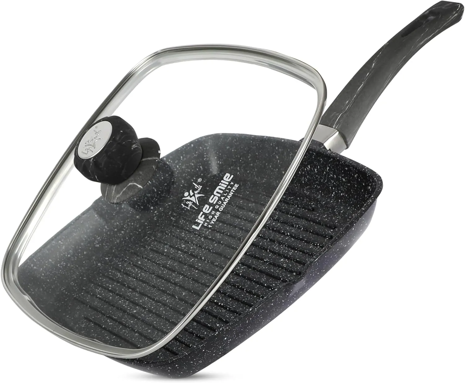 LIFE SMILE grill pan Non-stick Granite Coating with lid | Oven Safe | versatile grilling pan with drop opening, Skillet large surface,100% PFOA free (Black Bakelite Knob, 24 CM Fixed Handle)