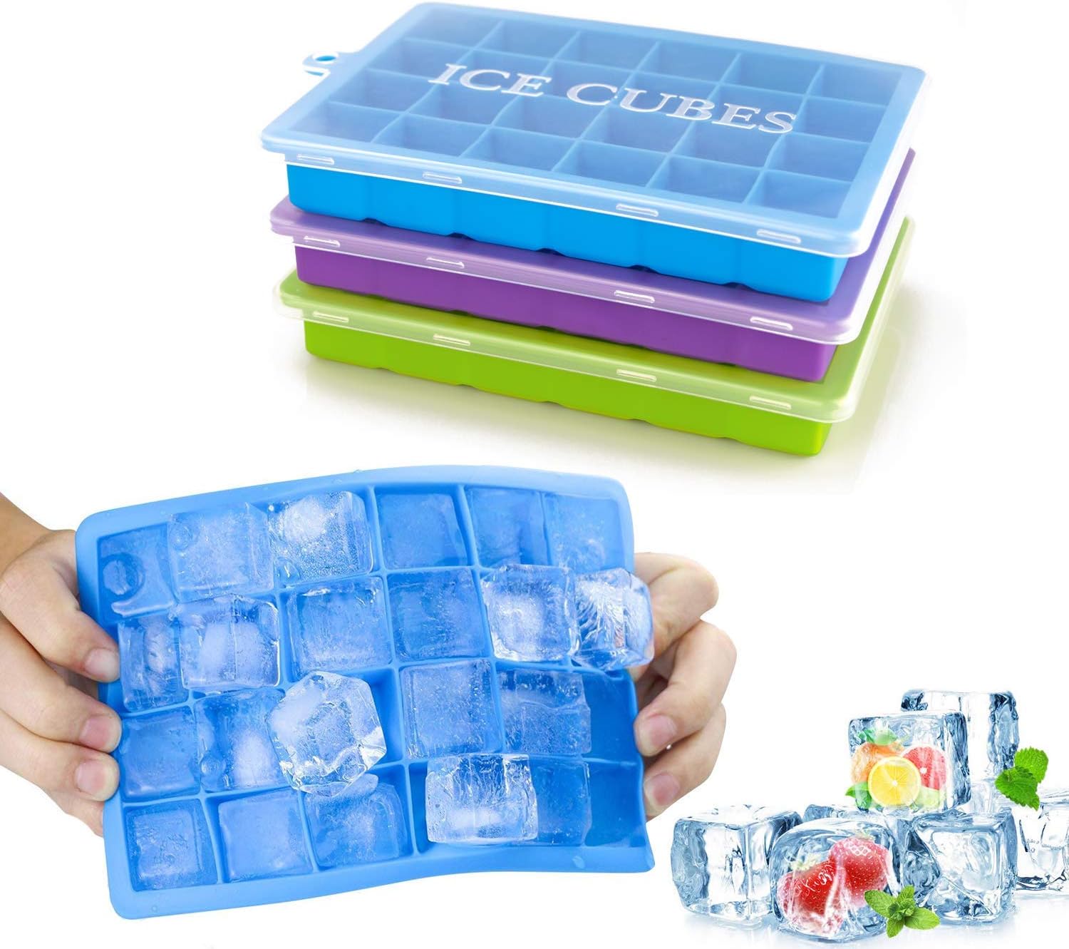 masroo ice cube trays 3 pack, top1shop silicone ice tray with removable lid easy release flexible ice cube molds 24 cubes per tray for cocktail, whiskey, baby food, chocolate, bpa free