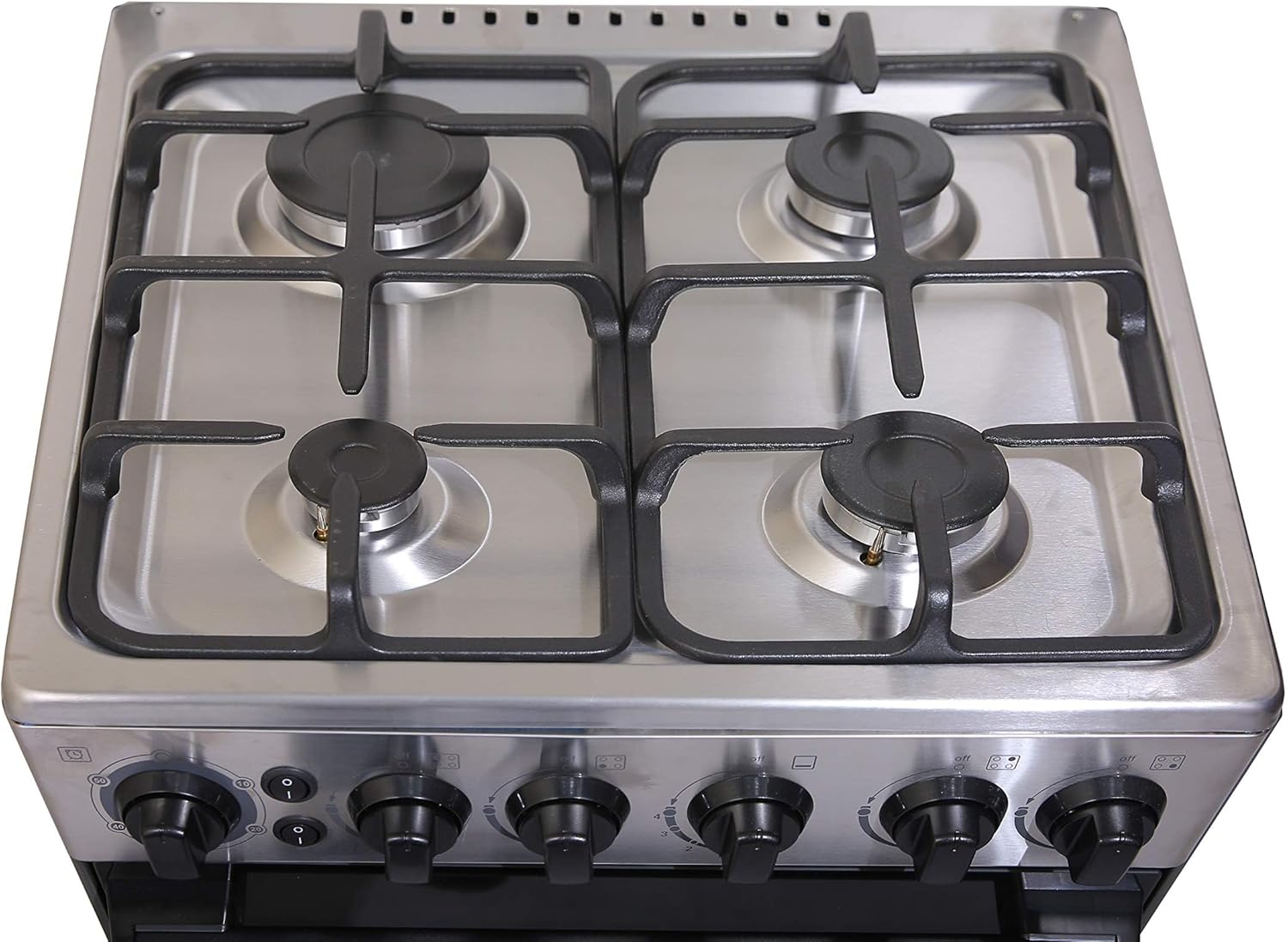 midea 50x55cm freestanding cooker, full gas cooking range with 4 burners, stainless steel, automatic ignition & full safety, cast iron pan support, mechanical timer, heat resistant knobs, bme55007ffd