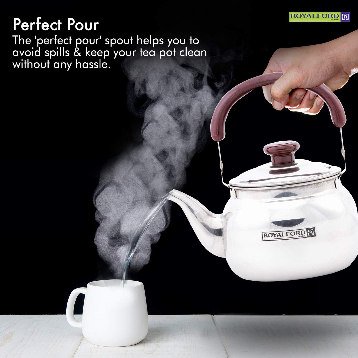 royalford 2 liter stove top tea kettle – large capacity stainless steel stove top tea pot tea coffee pot ideal for home office & hotel – compact & stylish design with heat resistant handle
