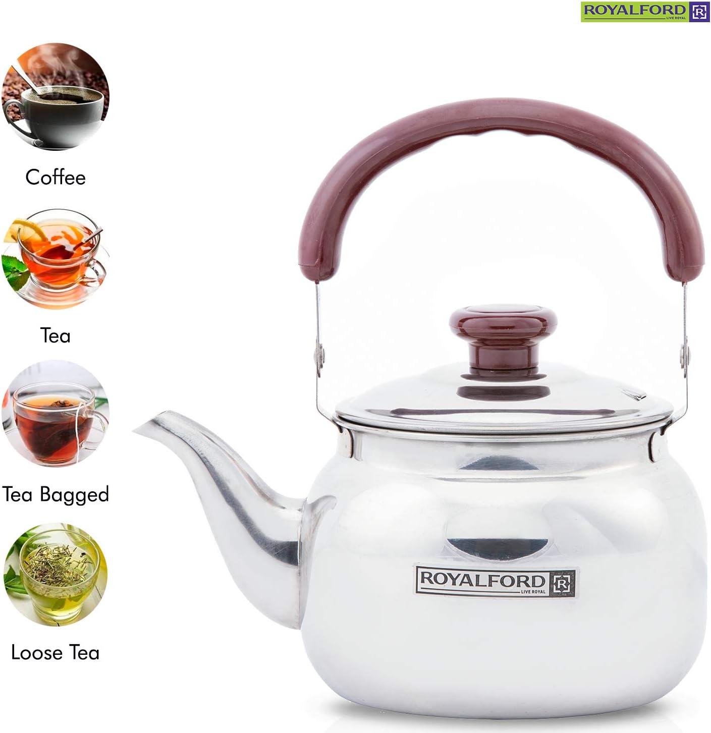 royalford 2 liter stove top tea kettle – large capacity stainless steel stove top tea pot tea coffee pot ideal for home office & hotel – compact & stylish design with heat resistant handle