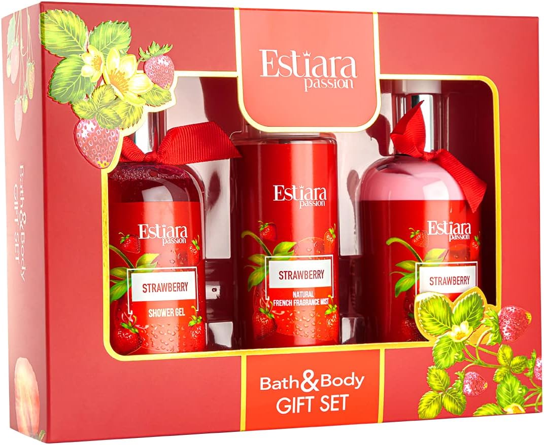 estiara passion strawberry bath & body beauty skincare 3 piece gift set red strawberry body lotion 350ml strawberry shower gel 350ml strawberry natural french fragrance mist 250ml