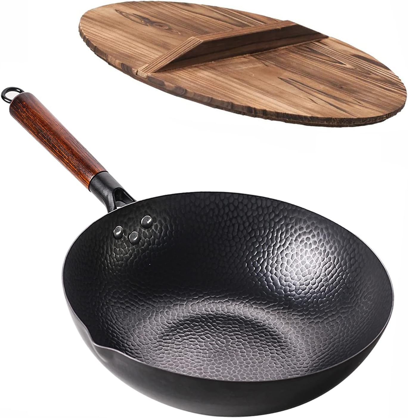 angju carbon steel wok pan 32cm woks and stir fry pans with lid, no chemical coated wok pan for electric, induction & gas stoves, nonstick iron wok and stir fry pan with detachable wooden handle