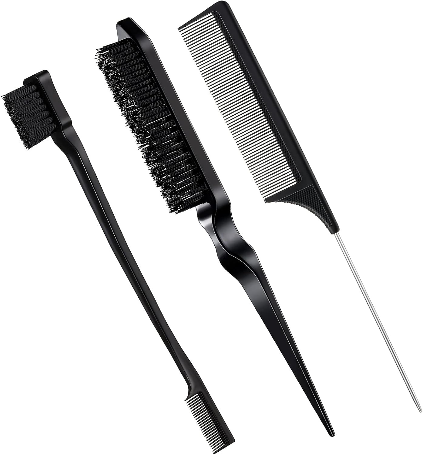 geiserailie 3 pcs slick back hair brush set bristle hair brush edge control brush teasing comb for women black hair(black)