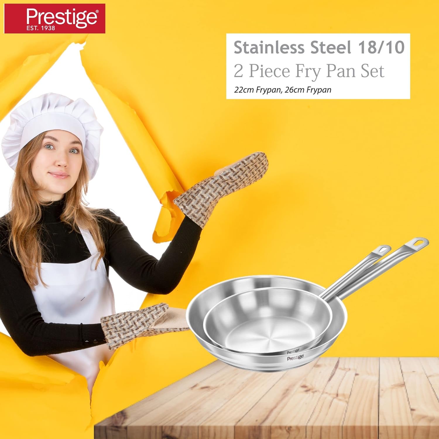 prestige stainless steel 2 piece fry pan set, silver, 22x26 cm