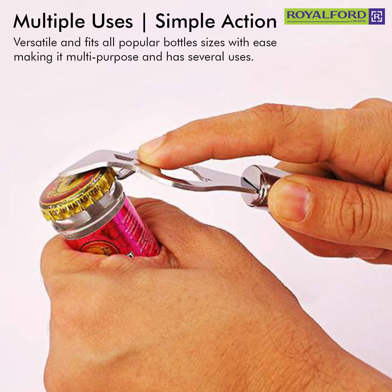 royalford stainless steel bottle opener with forked churchkey and crown cork bottle opener with handle