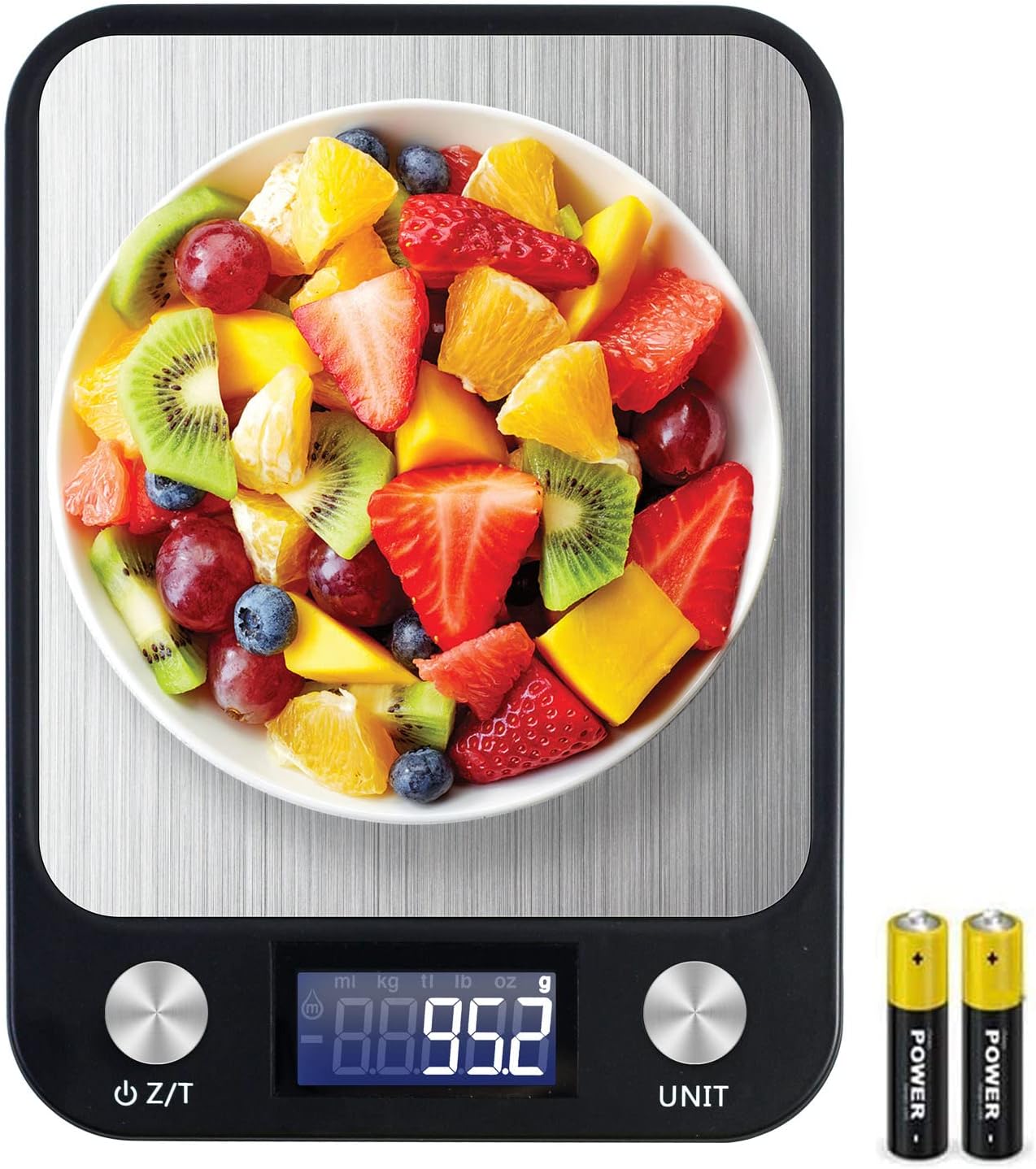 sky touch digital kitchen scale multifunction food scale, touch button, ultra slim with large lcd display, 11lb/5kg, 22lb/5kg, stainless steel (batteries included) (10000g/1g)