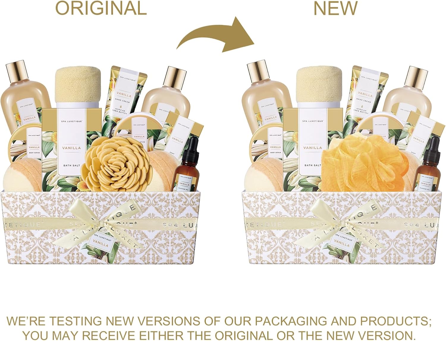 spa luxetique spa gift basket, bath sets for women, luxury 12 pcs bath gift box, relaxing at home bath set scented with vanilla includes bath salts, bath bombs, body scrub, best spa gift for women.