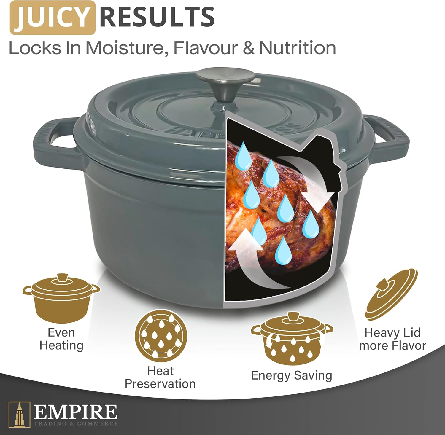 empire cast iron dutch oven pot, pre seasoned 4.2 quart – 25cm diameter non stick dutch oven pot with lid, silicone handles, heavy duty cast iron pot for stews, baking, braising, roasting