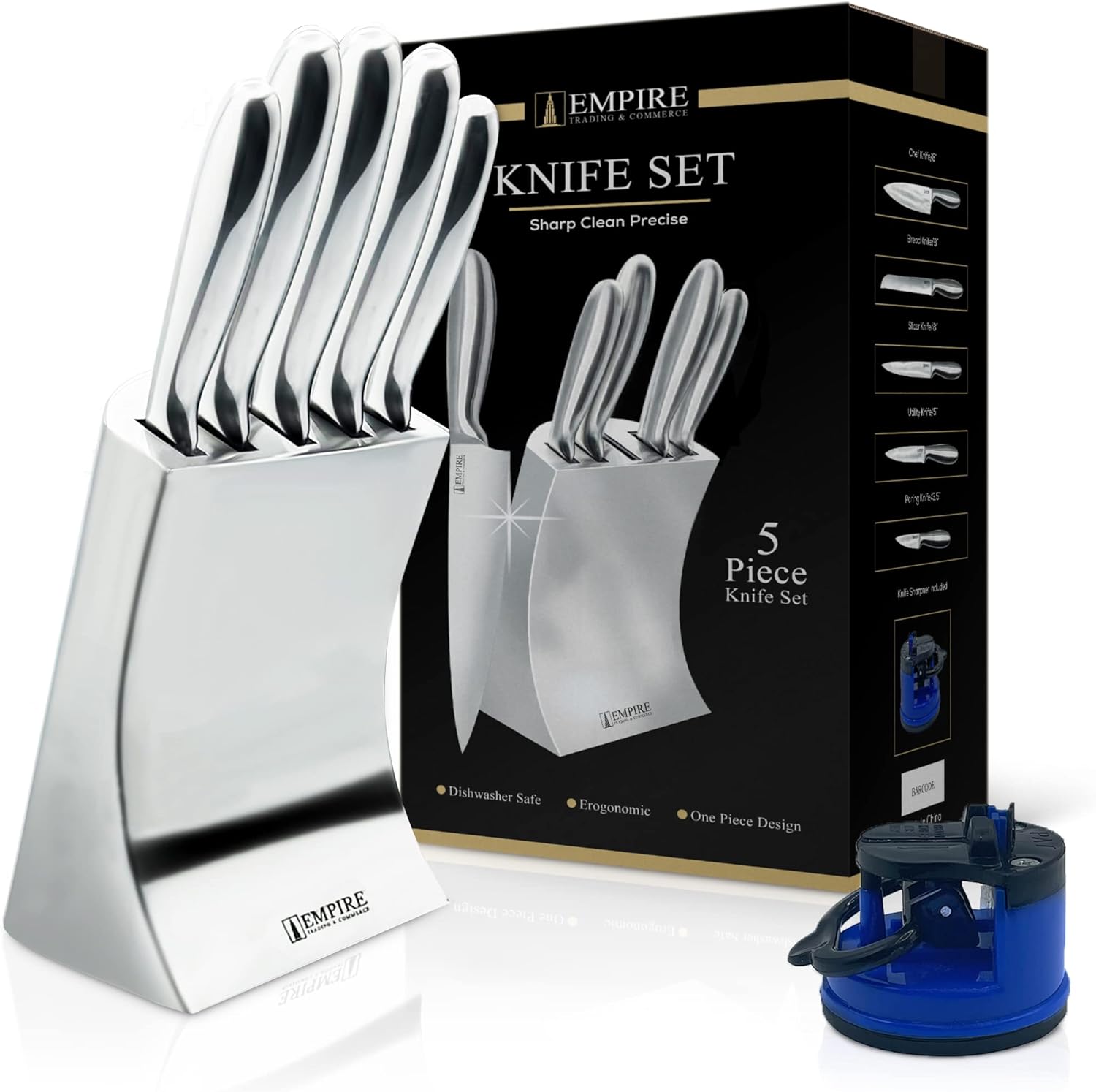 empire trading & commerce knife set, 5pcs kitchen knife set with sharpener, knife set for kitchen with block, kitchen accessories, stainless steel kitchen knives, kitchen essentials