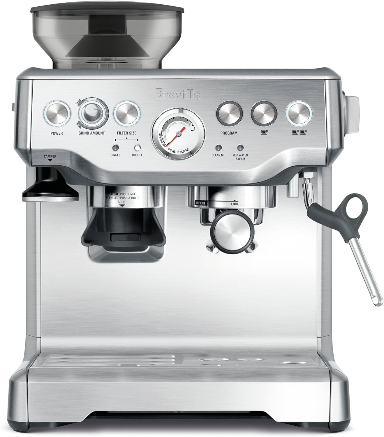 breville barista express espresso machine, brushed stainless steel, silver, bes870"min 1 year manufacturer warranty"