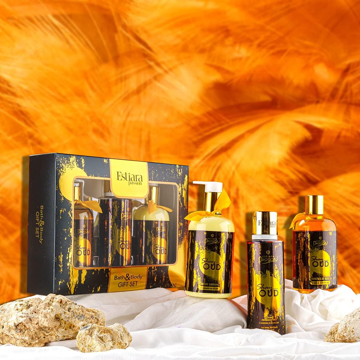 estiara passion shay oud bath & body beauty skincare 3 piece gift set red shay oud body lotion 350ml shay oud shower gel 350ml shay oud natural french fragrance mist 250ml