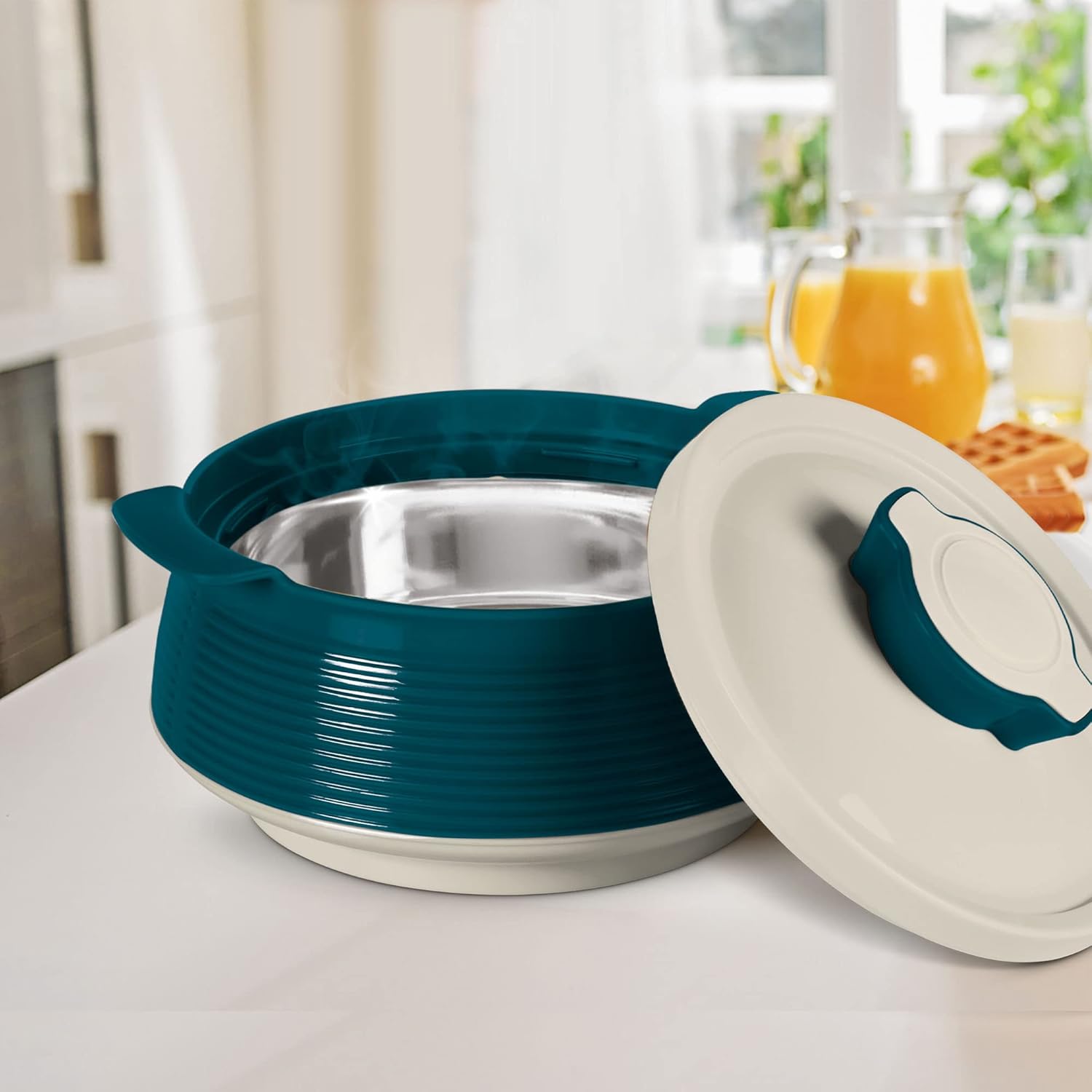 milton casserole set of 3 (850 ml,1.35 l,1.85 l) insulated stainless steel hotpot with lids, hotbox food storage container for serving chapati, roti, venice green