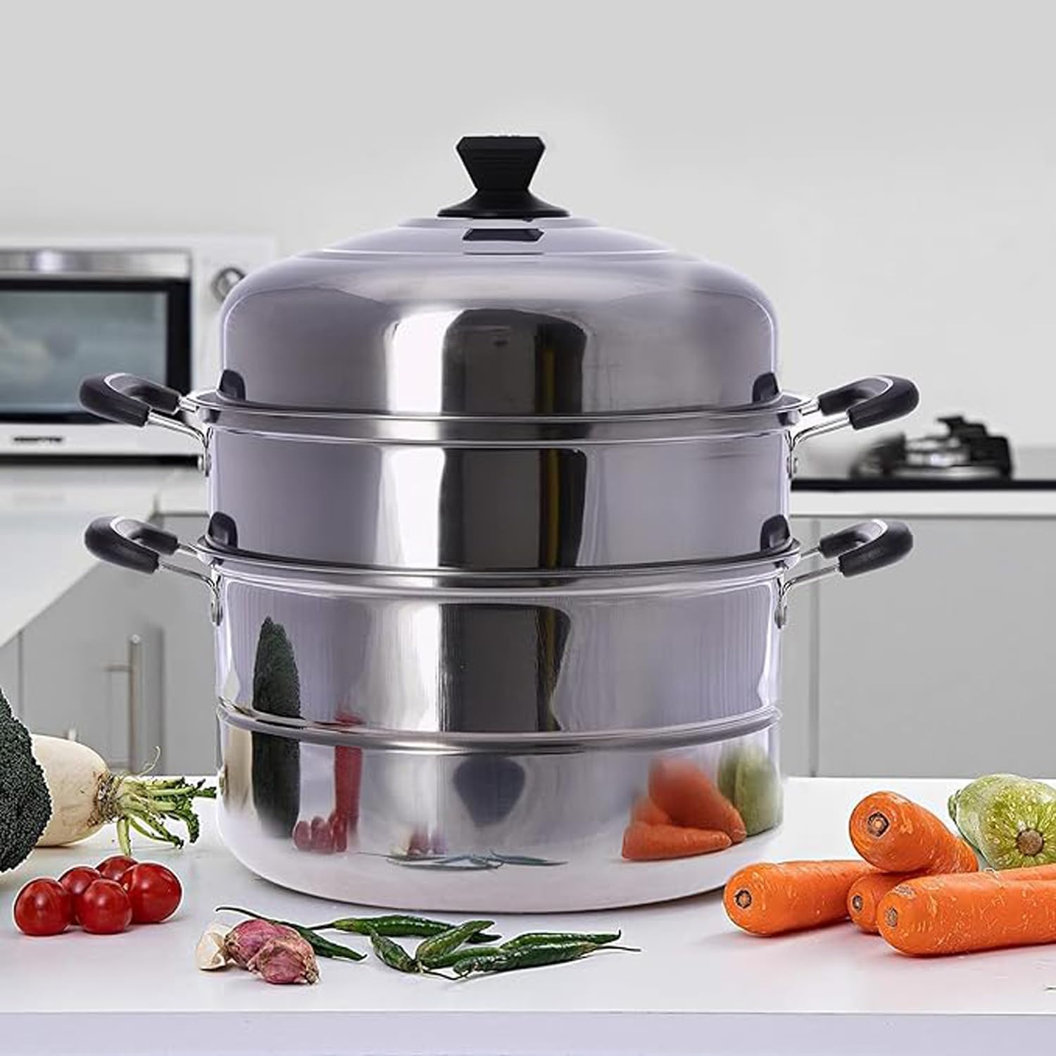 limitless 3 tier stainless steel steamer pot with handles & lid multi layer cooking pot steam, cooking, and steamer pot set for all cooking surfaces 900ml