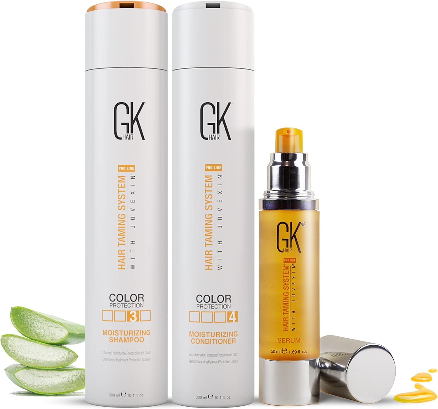 gk hair global keratin moisturizing shampoo and conditioner sets color protection 300ml with anti frizz hair serum 50ml intense moisture pack trio for dry damaged and color treated hair