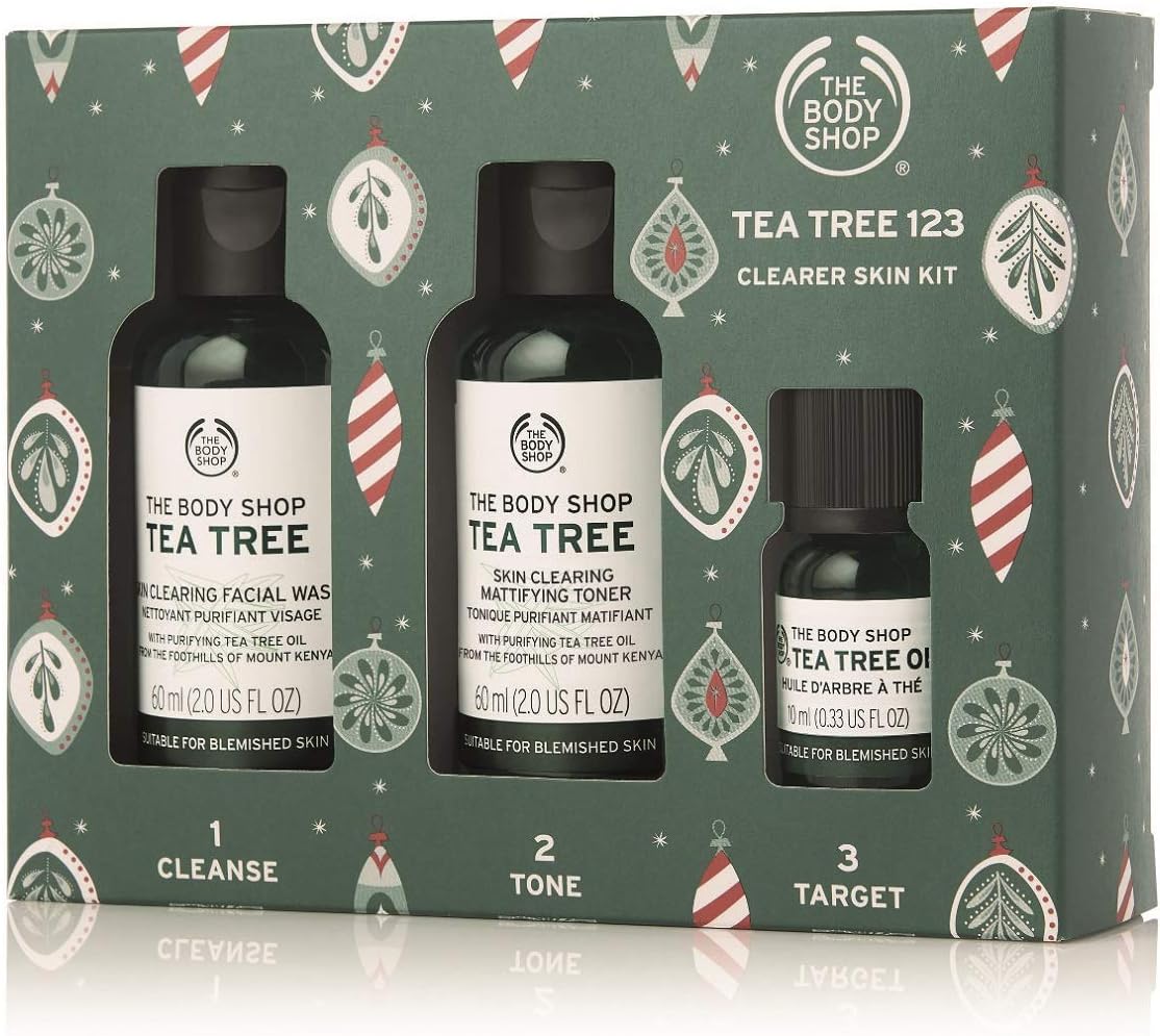 the body shop tea tree gift set, simple 3 step routine with tea tree face wash, toner, and oil