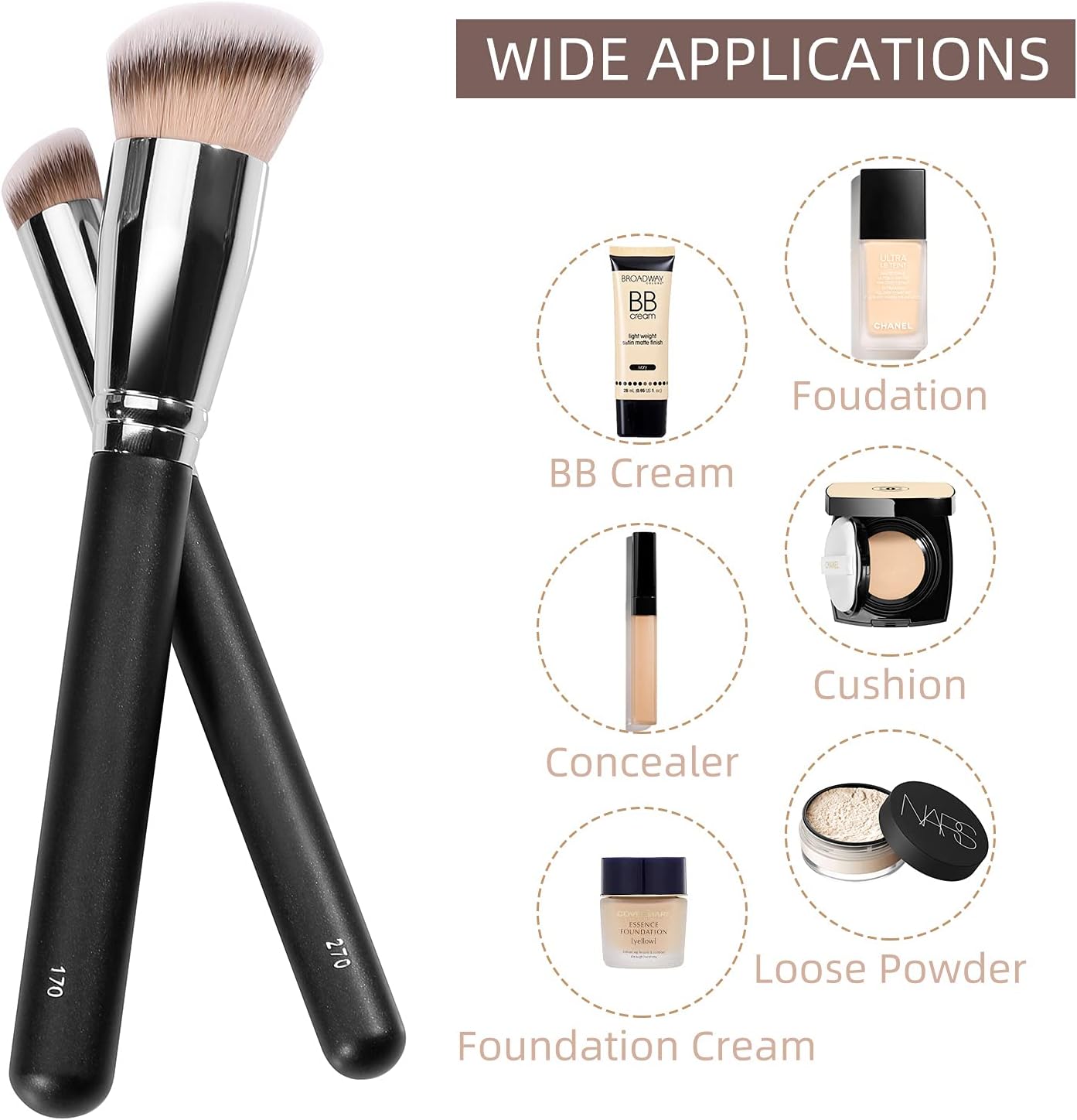 kugge under eye concealer brush & foundation brush for liquid makeup, 2pcs dense synthetic angled kabuki blending makeup brush, for liquid, cream and setting powder