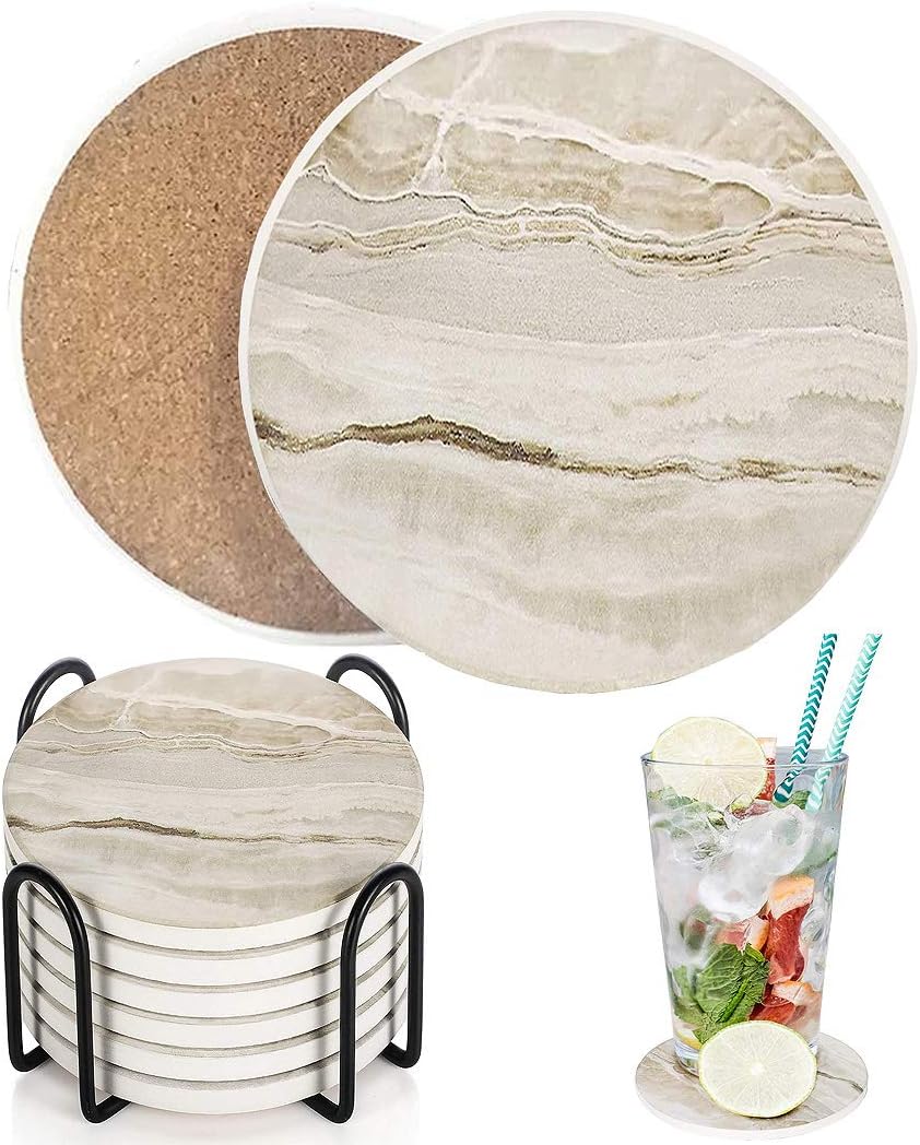 qplus drink coasters with holder, absorbent coaster sets of 6, marble style ceramic drink coaster for tabletop protection,suitable for kinds of cups, wooden table