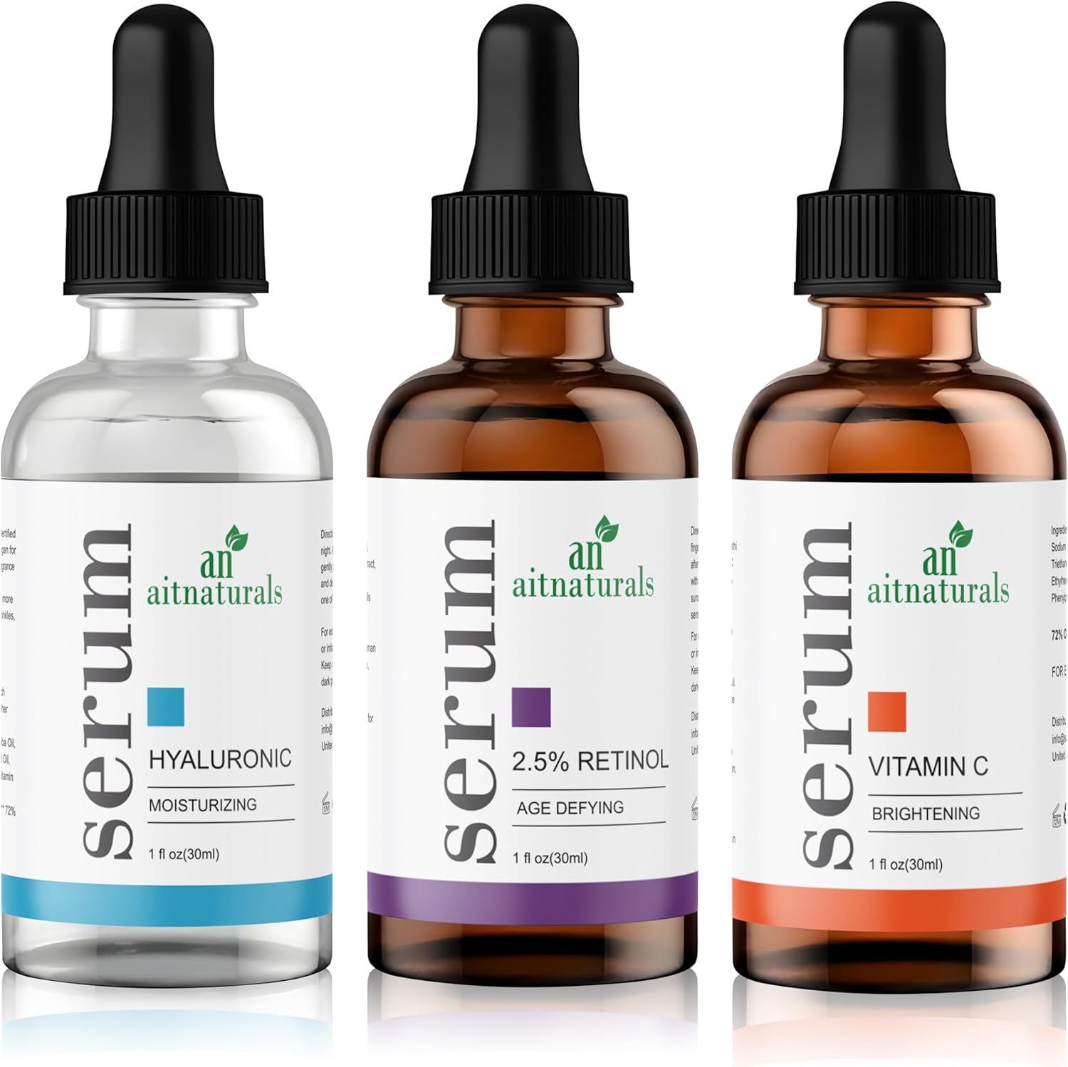 aitnaturals anti aging serum set (each 30ml) | powerful trio of vitamin c, retinol, & hyaluronic acid | reduces wrinkles, firms, hydrates, boosts brightness, improves elasticity & moisturizes skin
