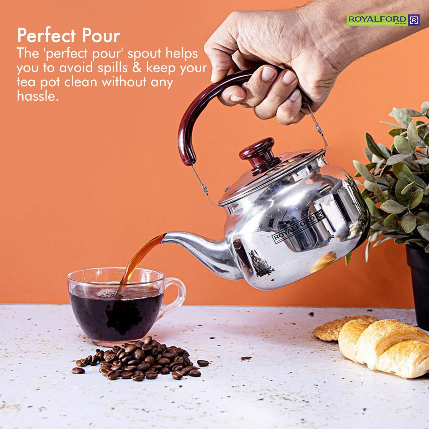 royalford stove top tea kettle – large capacity stainless steel stove top tea pot tea coffee pot ideal for home office & hotel – compact & stylish design with heat resistant handle, 1 liter