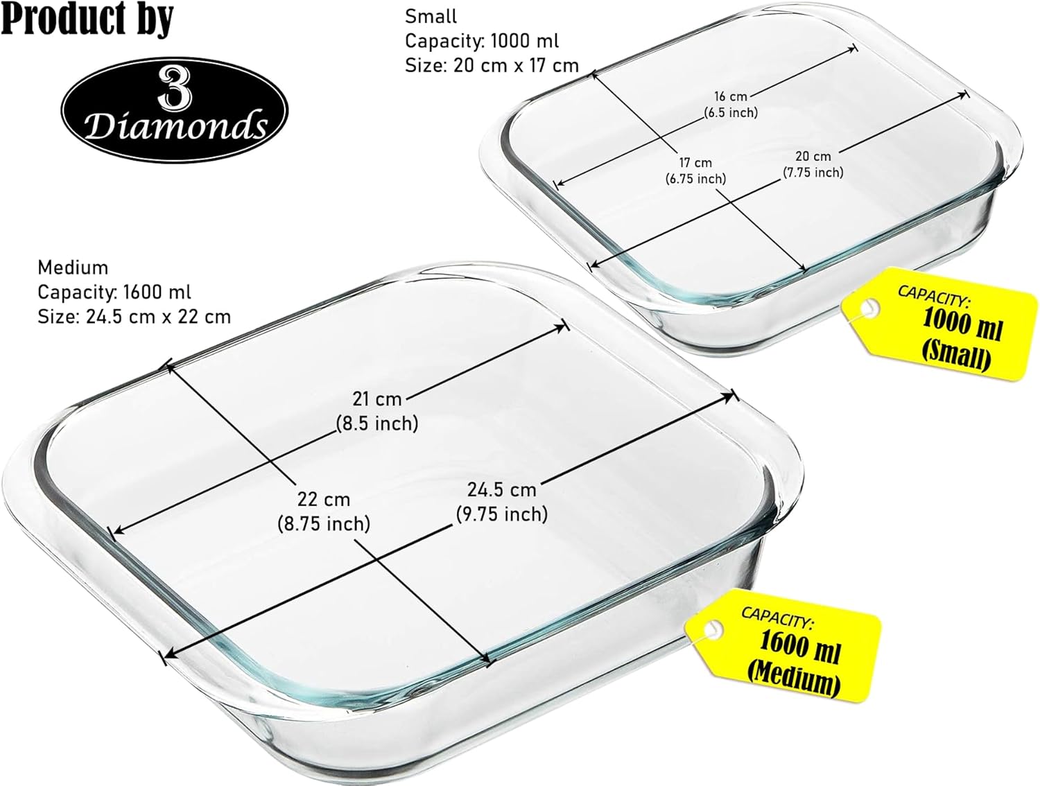 baking tray glass 2 piece set 1l (small size) & 1.6l (medium size) square, baking pan, glass baking dish, baking set for gift baking