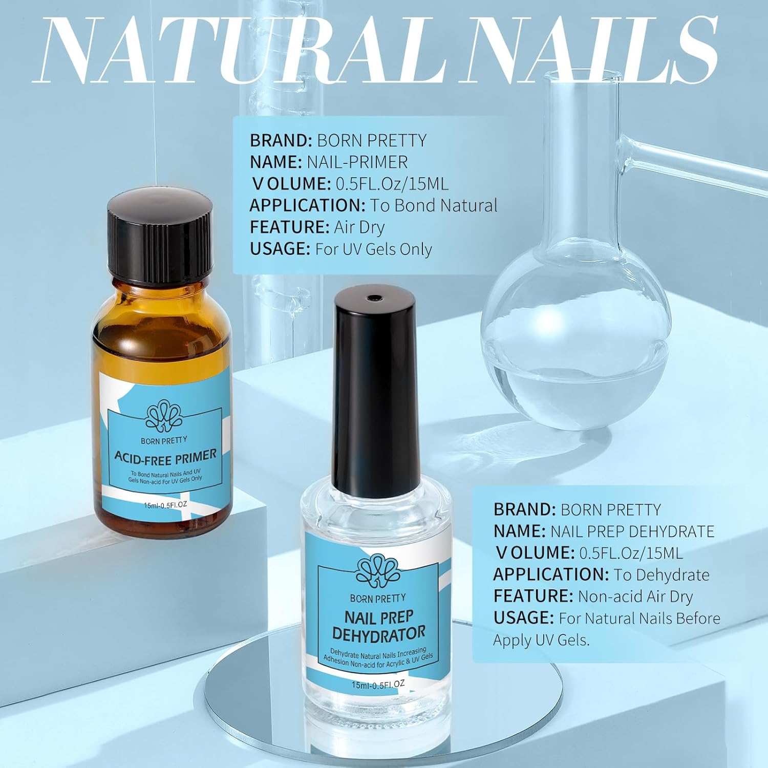 born pretty nail dehydrator and primer set, acid free natural nail prep dehydrate & nail bond primer set fast air dry for gel nail polish and acrylic powder nail supplies set 0.5oz