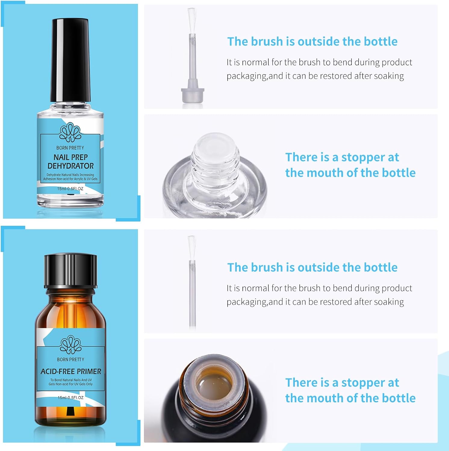 born pretty nail dehydrator and primer set, acid free natural nail prep dehydrate & nail bond primer set fast air dry for gel nail polish and acrylic powder nail supplies set 0.5oz