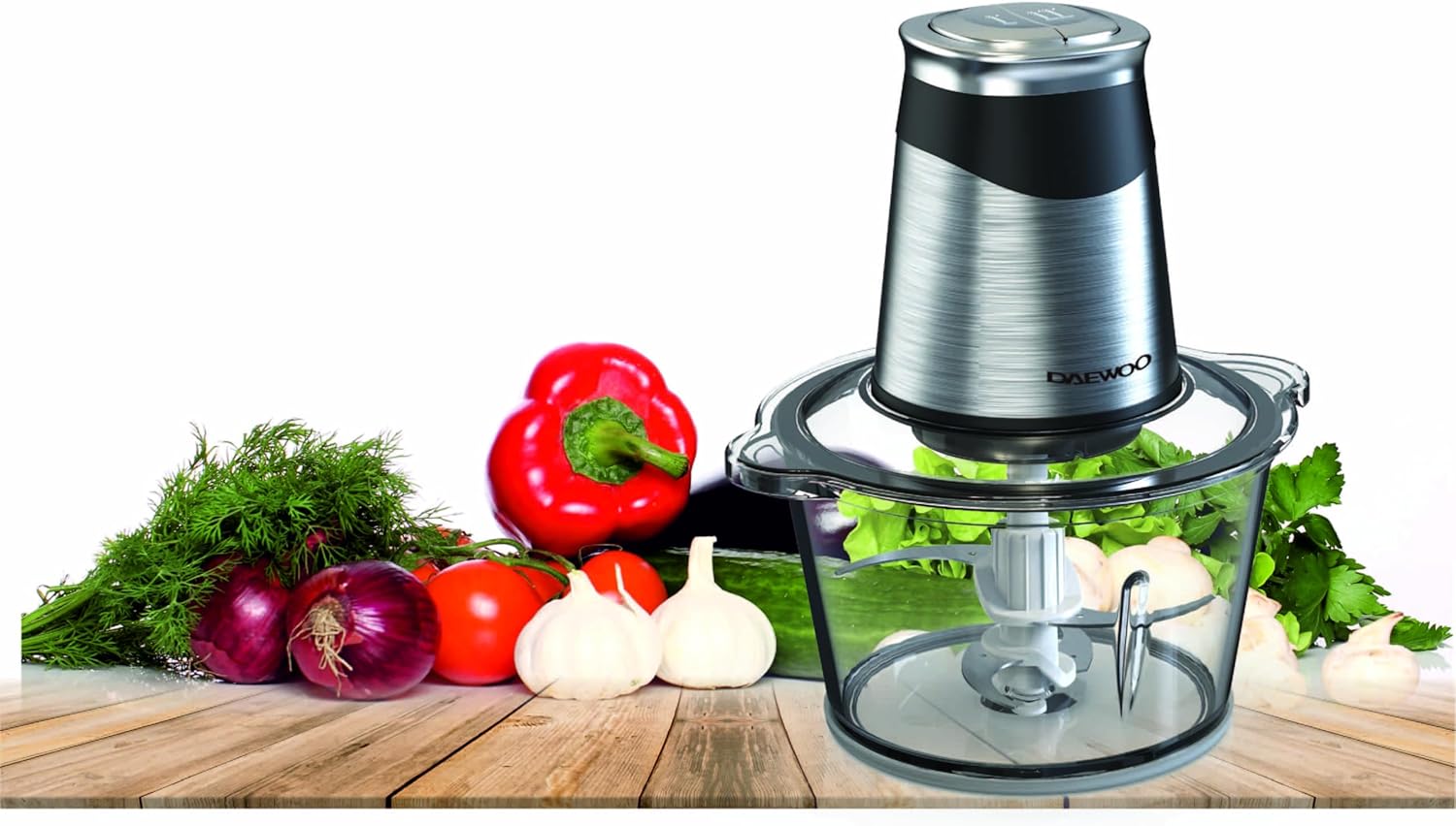 daewoo dfc 217a 1.8l food chopper for meat, vegetables, fruits and nuts 300 500w with bpa free glass bowl 2 years warranty.