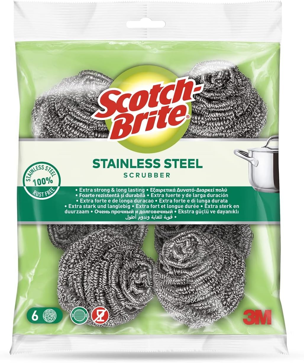 scotch brite stainless steel metal spiral scrub sponge, 6 pieces/pack | ideal for cast iron pans | powerful scrubbing | hard cleaning | kitchen sponge | scrub | kitchen, garage, outdoor
