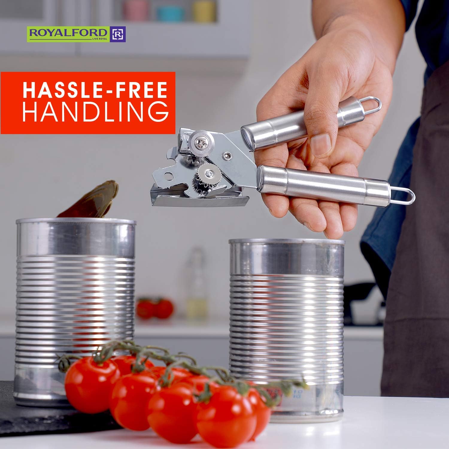 royalford 3 in 1 can opener with stainless steel tube handle | manual tin can opener | easy to use bottle cap opener, can tin & jar opener all in 1 | easy turn knob and ergonomic soft grips handles