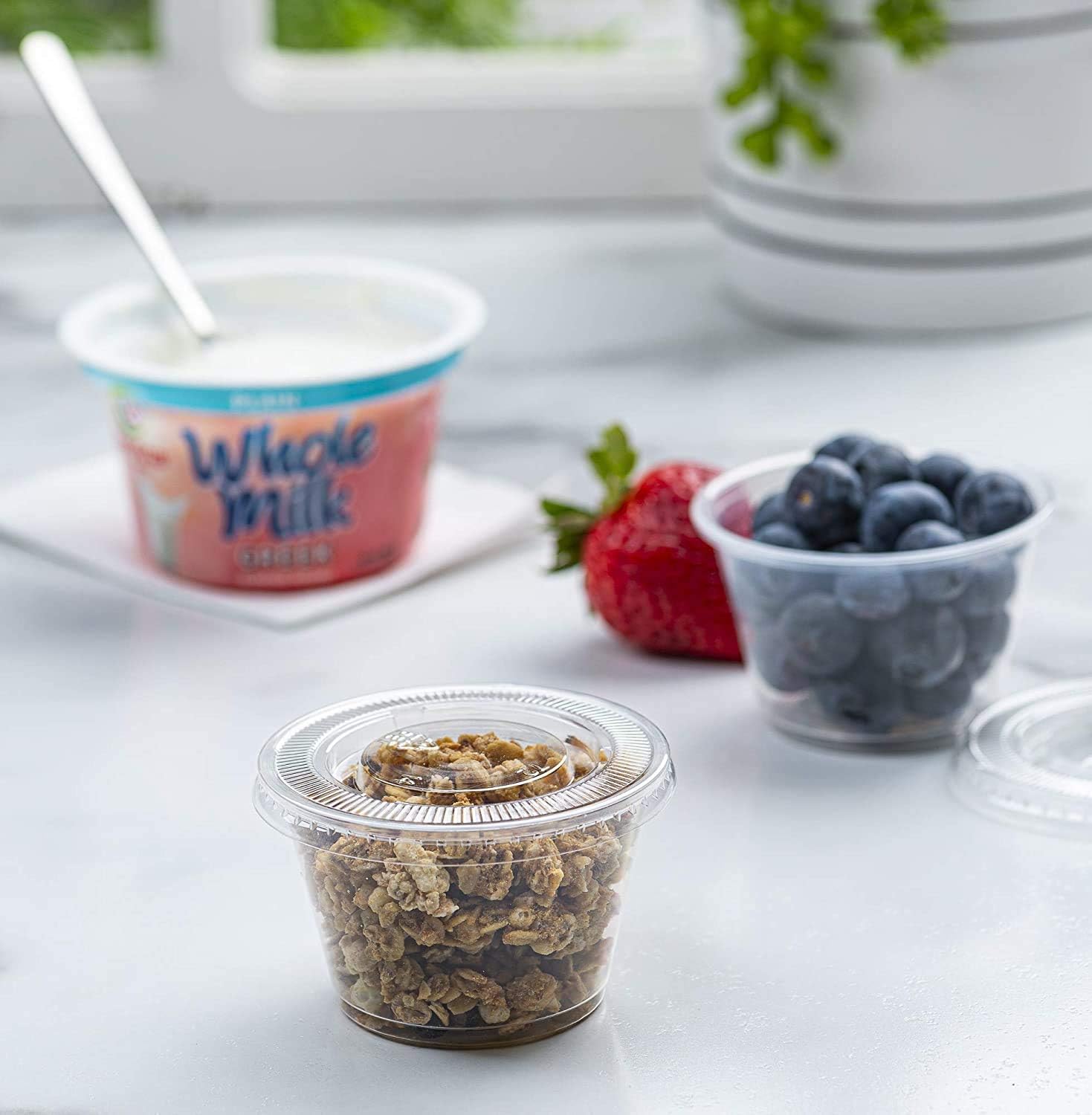 markq [100 pack] 4oz. clear plastic disposable portion cups with lids available in 1oz, 2oz sampling cups, portion control cups, slime container