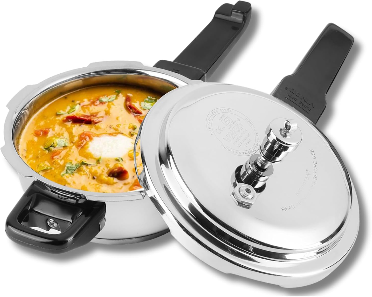 vinod 18/8 stainless steel pressure cooker 2 litres | deep frypan| sandwich bottom | induction & gas stove friendly | sturdy handle|isi & ce certified