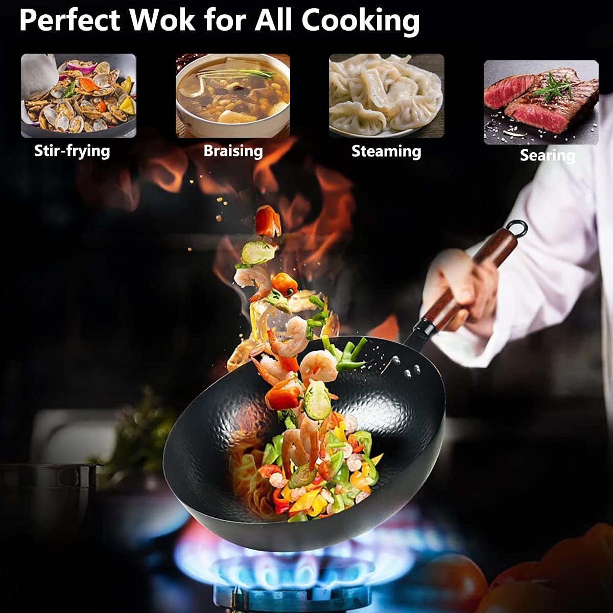 angju carbon steel wok pan 32cm woks and stir fry pans with lid, no chemical coated wok pan for electric, induction & gas stoves, nonstick iron wok and stir fry pan with detachable wooden handle