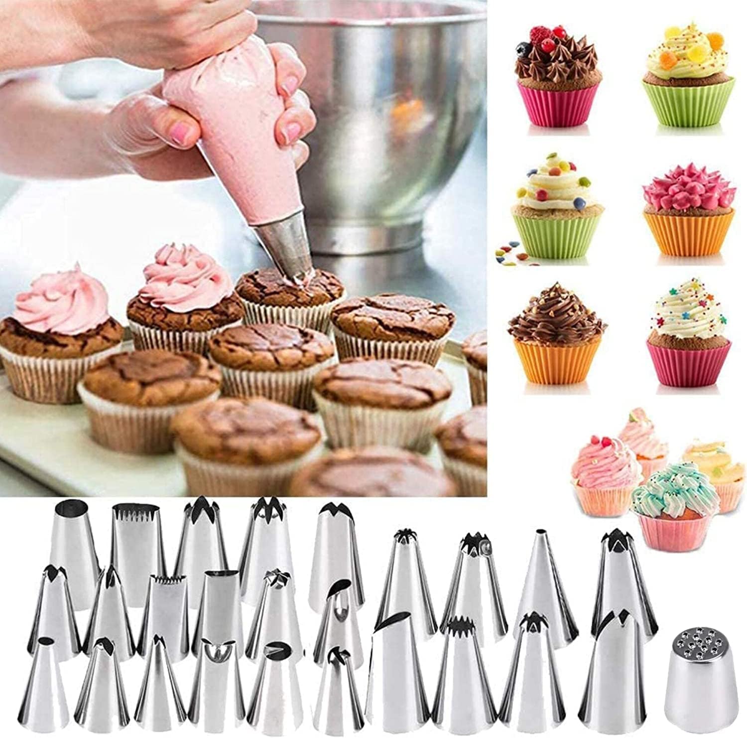 yin aisike icing nozzles set, cake decorating set, stainless steel piping icing nozzles, reusable silicone piping bag, suitable for cakes, cupcakes, cookies, pastries, beginners