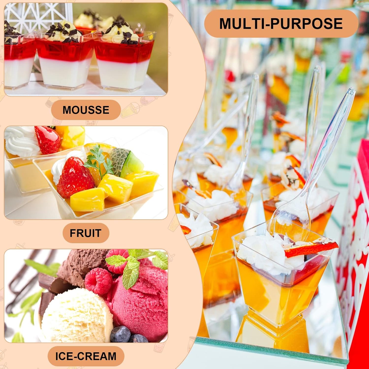 kowvowz 30pack 5oz square plastic dessert cups with plastic spoons, clear plastic parfait appetizer cup, reusable small clear plastic tumbler cups great for desserts, puddings, mousse (style a)