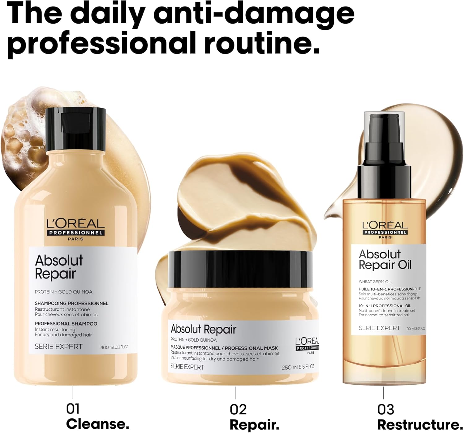 l’oréal professionnel | absolut repair shampoo | for dry & damaged hair | repairs & hydrates dry, damaged hair |with gold quinoa & protein | serie expert | 300 ml