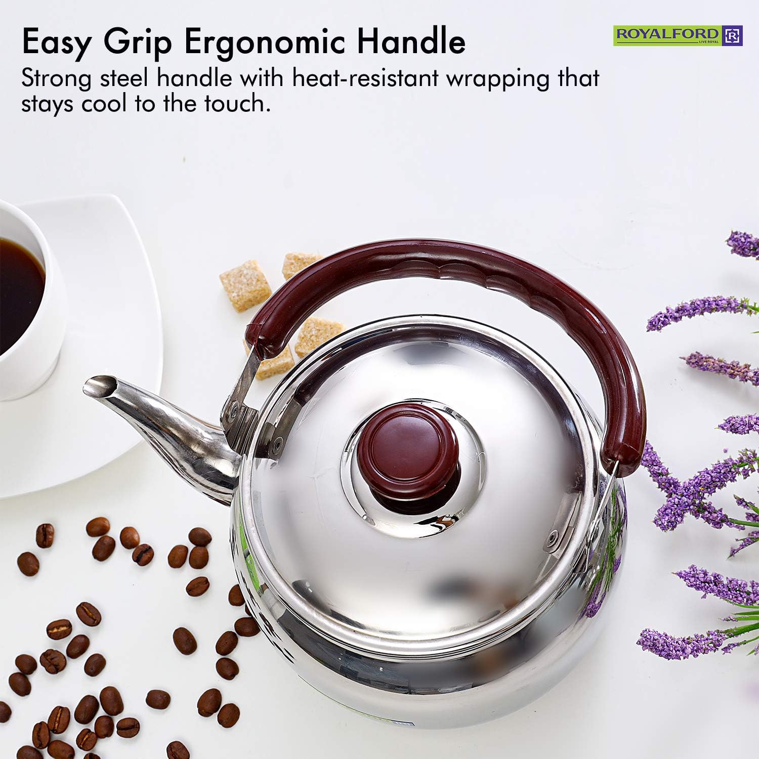 royalford stove top tea kettle – large capacity stainless steel stove top tea pot tea coffee pot ideal for home office & hotel – compact & stylish design with heat resistant handle, 1 liter