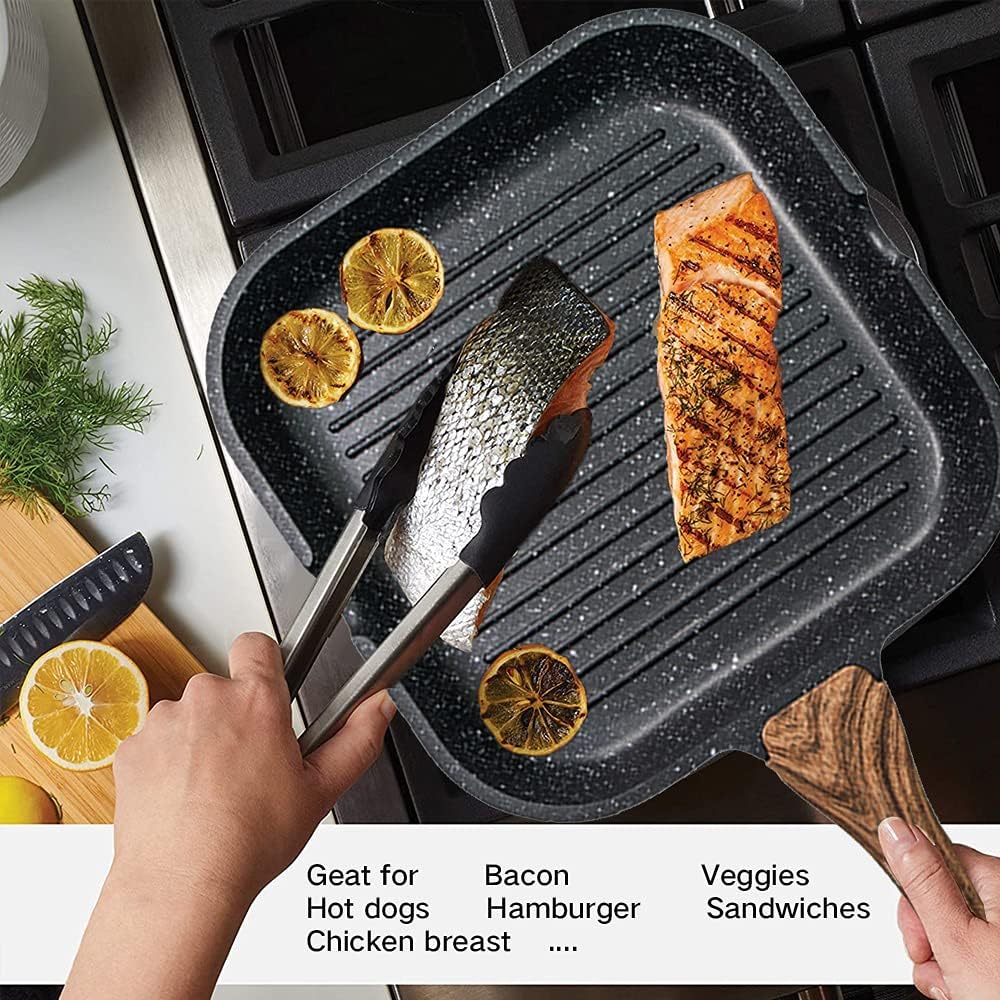 angju nonstick grill pan for stove tops with pour spouts induction compatible, granite coating, 10 inch(25cm), black