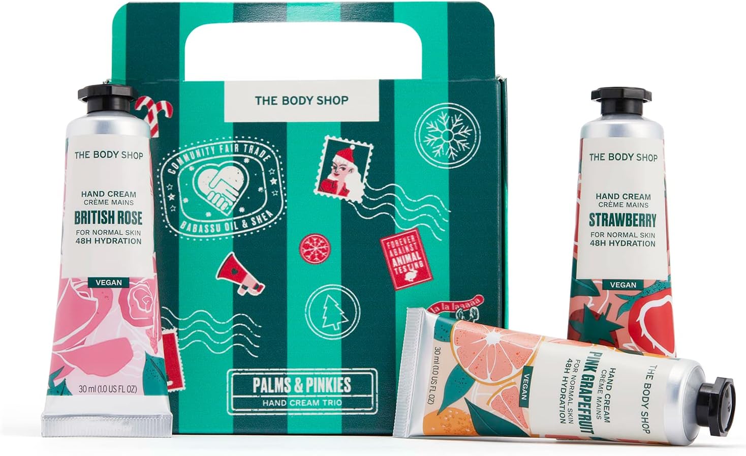 the body shop palms & pinkies hand cream trio gift set – keeps hands soft – british rose, strawberry, pink grapefruit – vegan – 3 * 30ml