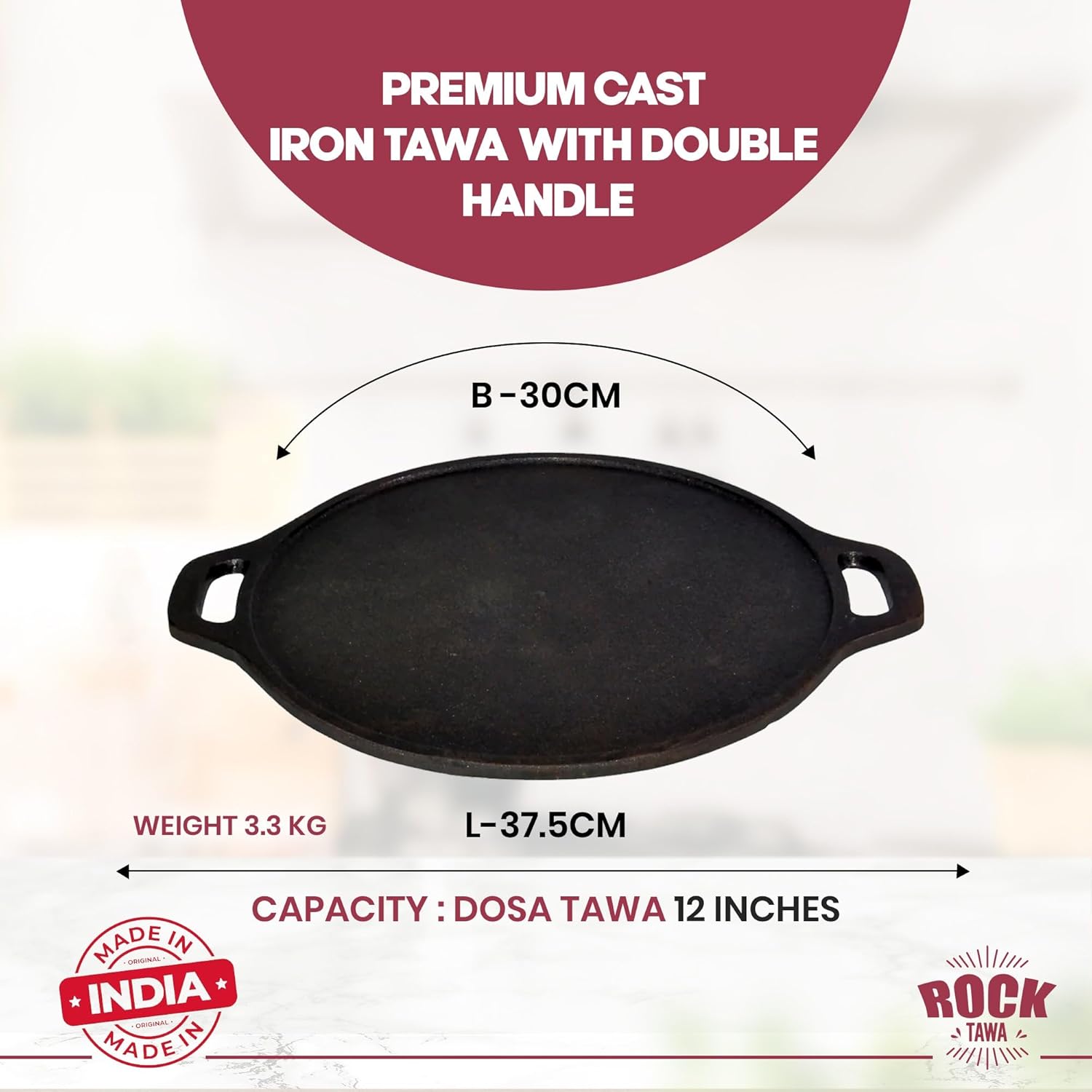 rock tawa dosa pre seasoned cast iron skillet 12in, black